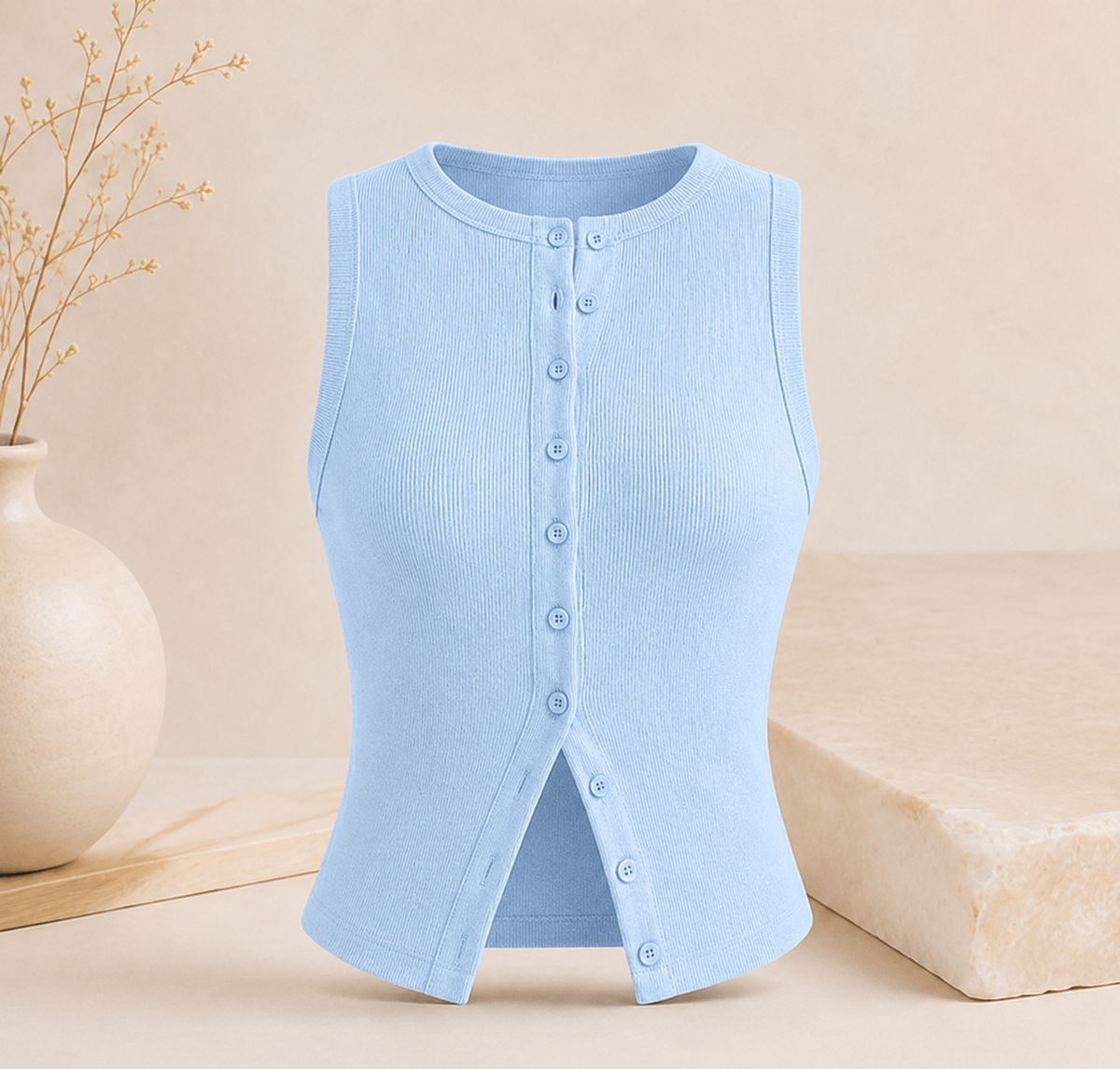 Geripptes Crop-Top mit Knopfleiste – Ärmelloses Damen-Basic