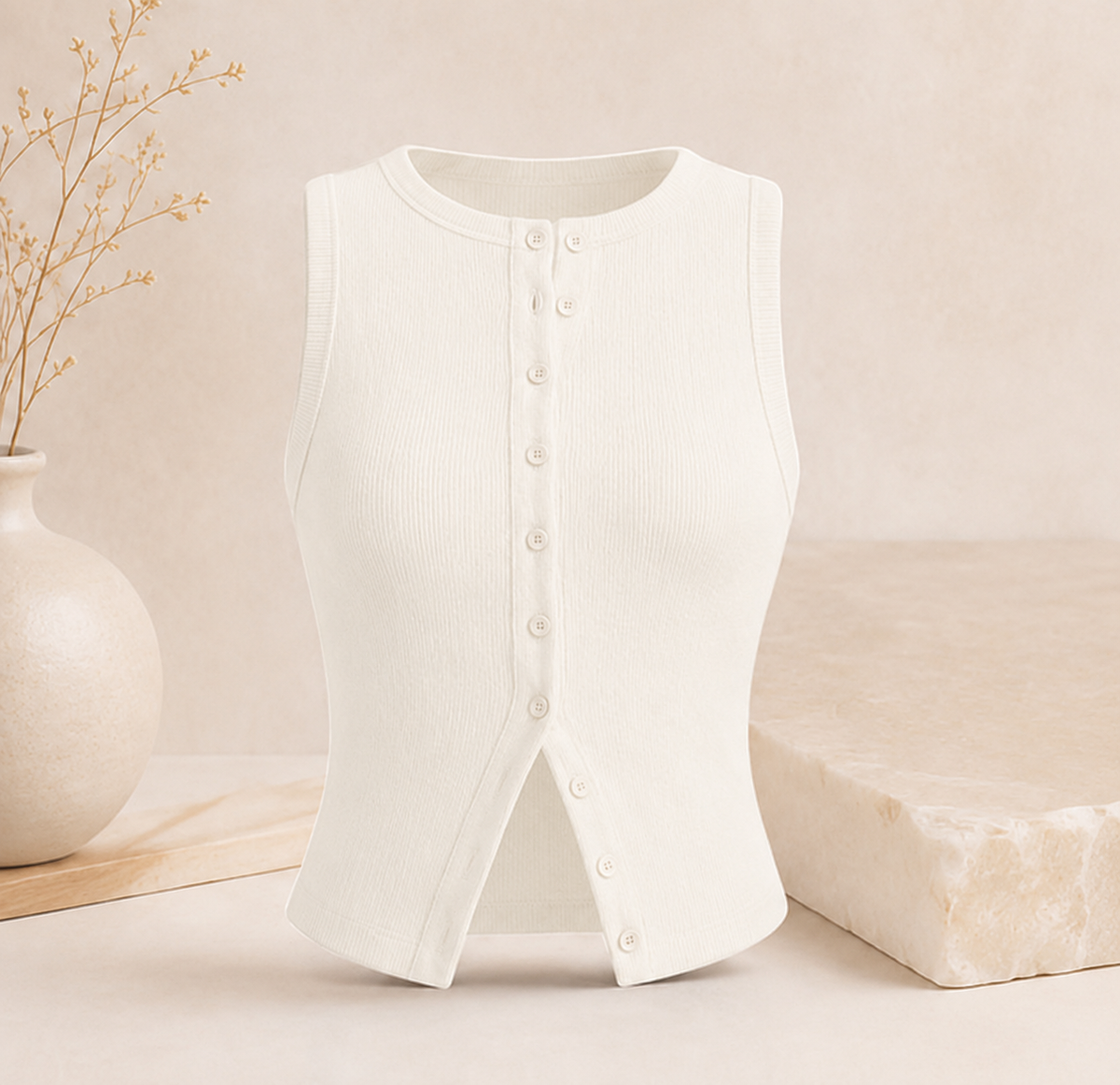 Geripptes Crop-Top mit Knopfleiste – Ärmelloses Damen-Basic