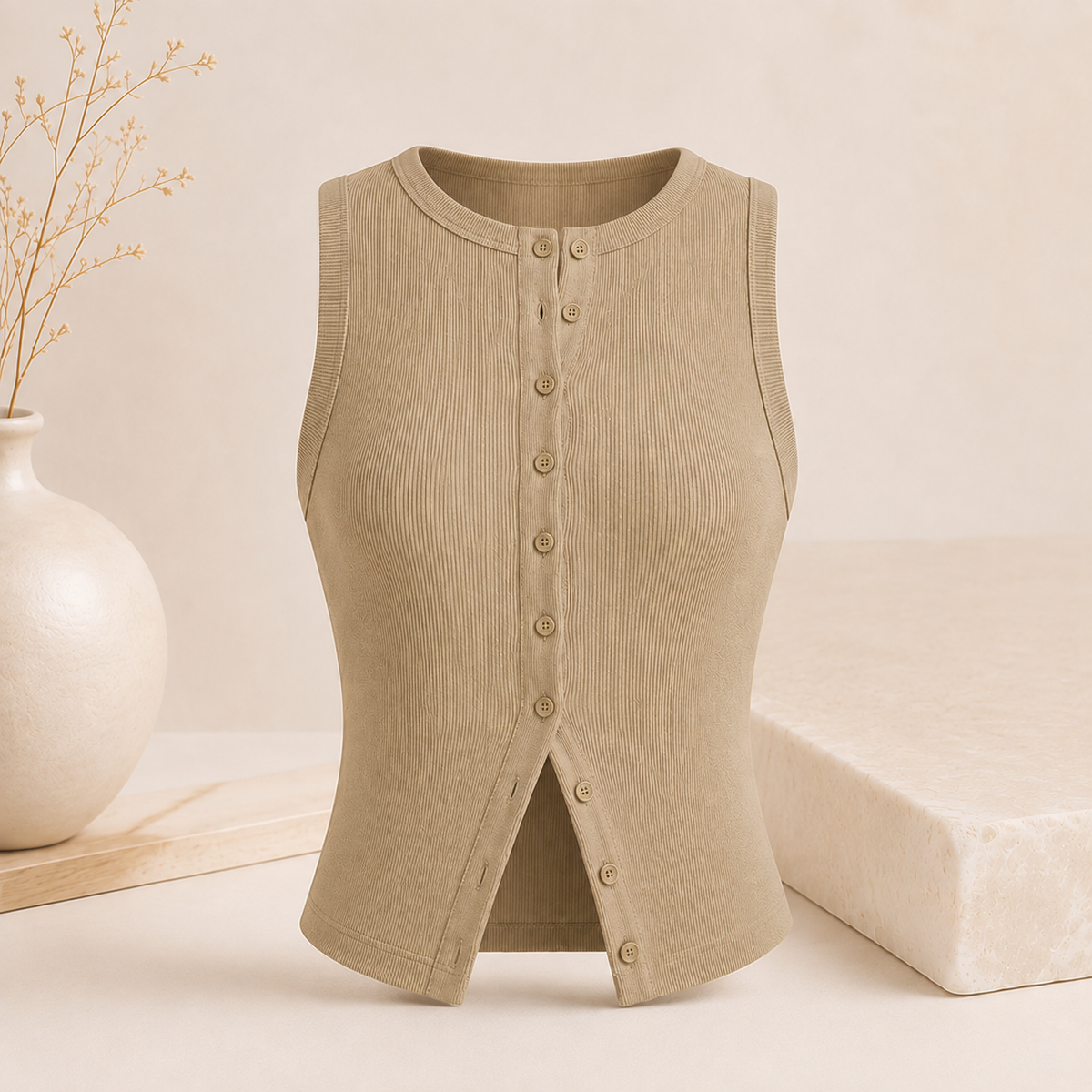 Geripptes Crop-Top mit Knopfleiste – Ärmelloses Damen-Basic
