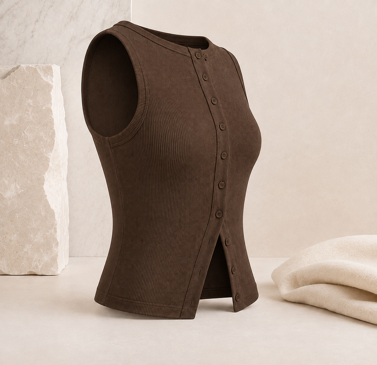 Geripptes Crop-Top mit Knopfleiste – Ärmelloses Damen-Basic