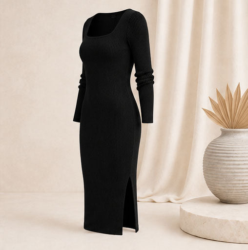 Elegantes Ribbed Midi Dress mit leichten Seitenschlitz