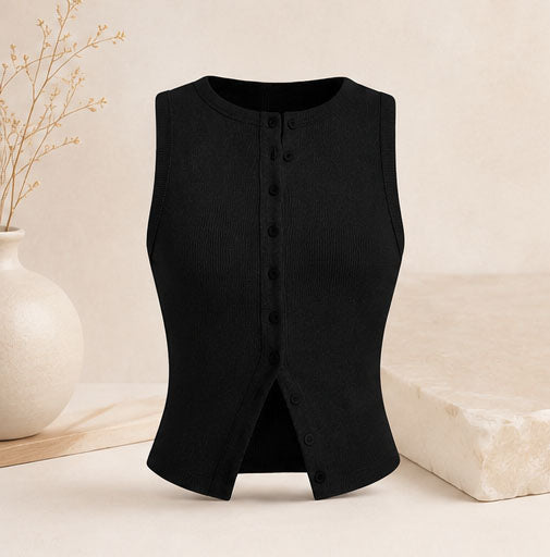 Geripptes Crop-Top mit Knopfleiste – Ärmelloses Damen-Basic