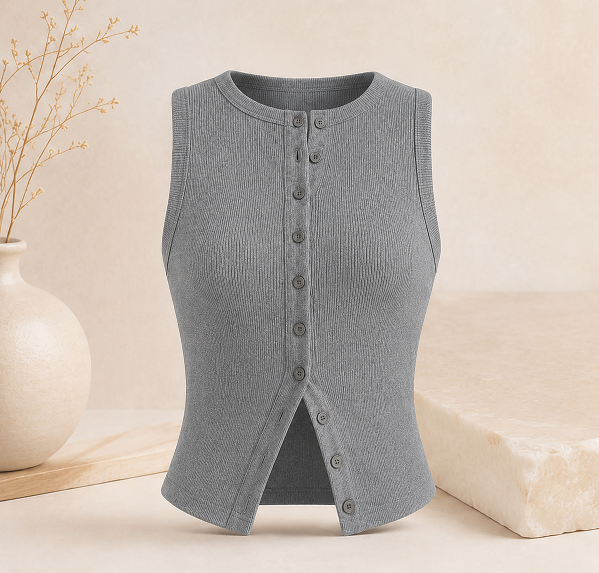 Geripptes Crop-Top mit Knopfleiste – Ärmelloses Damen-Basic
