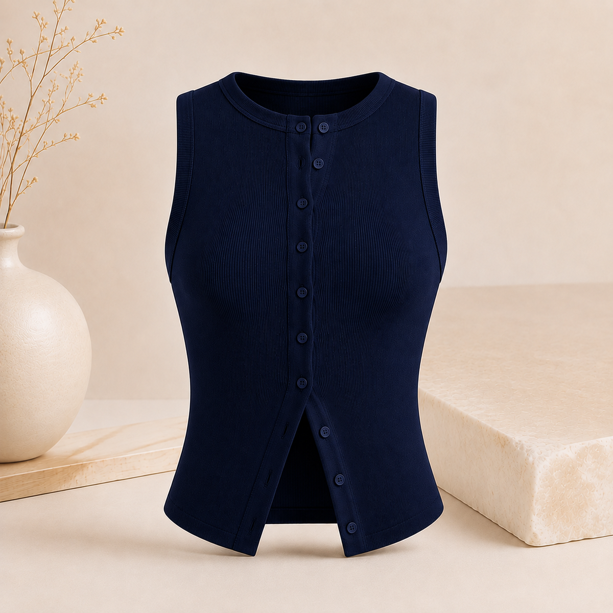 Geripptes Crop-Top mit Knopfleiste – Ärmelloses Damen-Basic