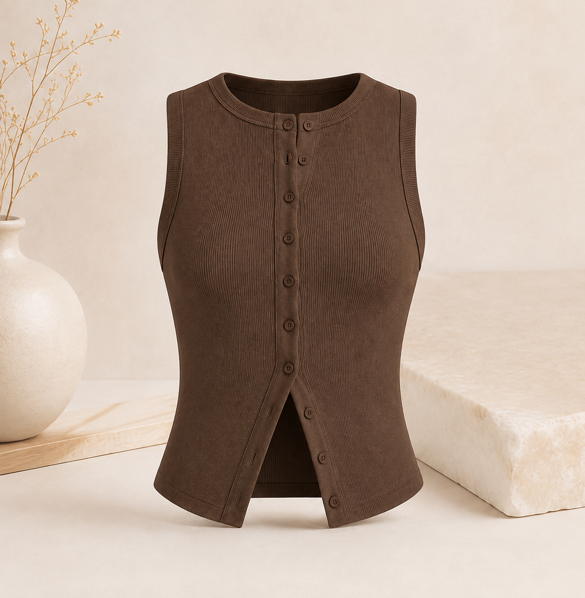 Geripptes Crop-Top mit Knopfleiste – Ärmelloses Damen-Basic