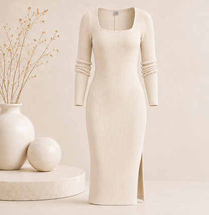 Elegantes Ribbed Midi Dress mit leichten Seitenschlitz